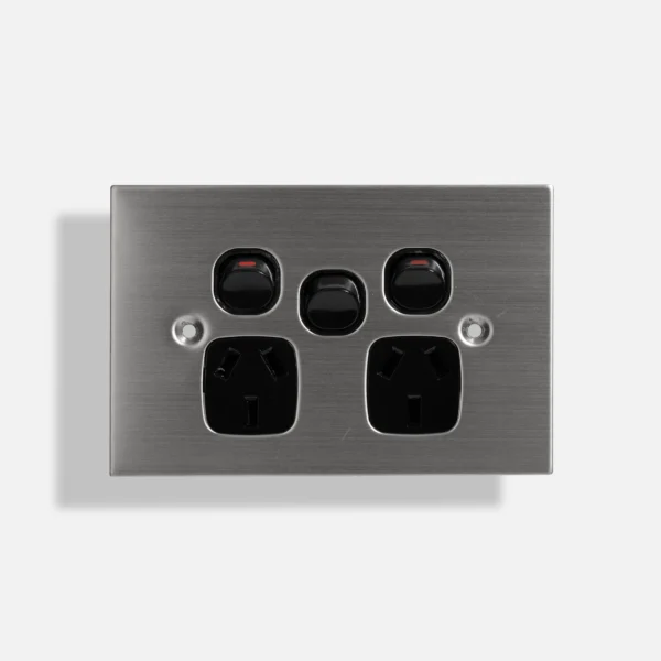 Black Stainless steel double power point 10A, extra 15A