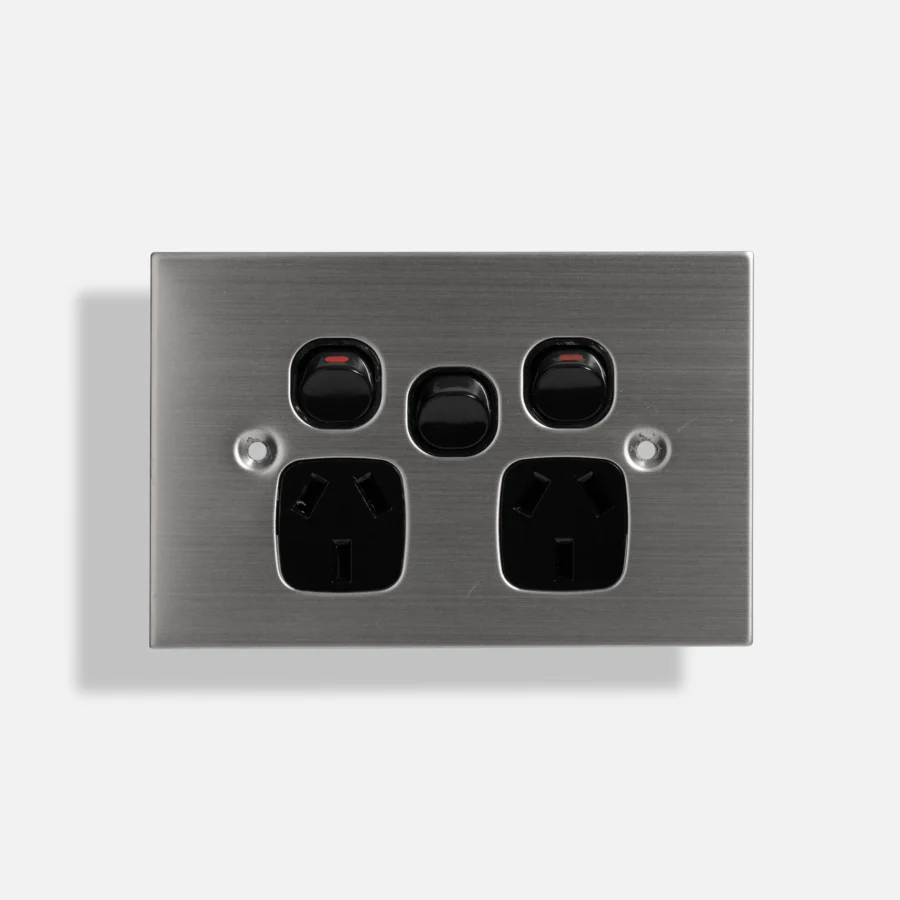 Black Stainless steel double power point 10A, extra 15A