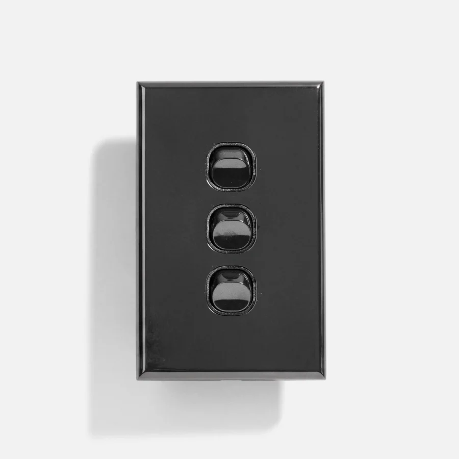 Black standard three gang switch 16A